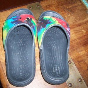Crocs Iconic Comfort Women's 10 Slip On Slide Sandals Black Rainbow Tie Dye